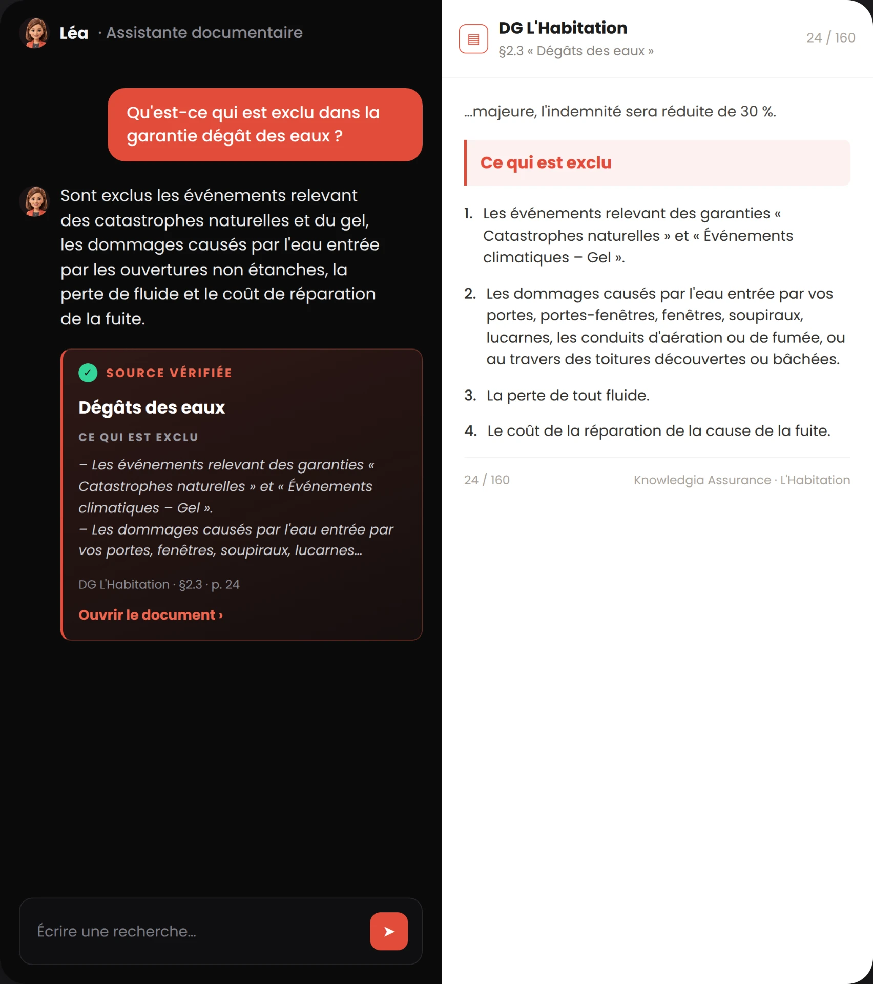 Réponse de l'assistant Knowledgia avec sa source vérifiée et le document d'assurance associé